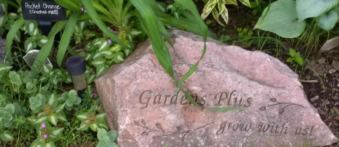 Gardens Plus - Grow with us etched on a Large granite boulder, in a bed of perennials.